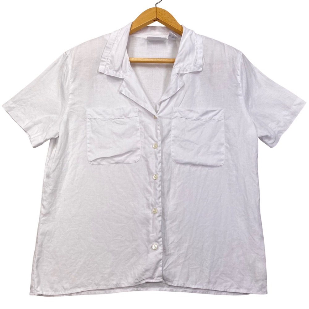Liz Claiborne Collection Button Down Women 14 White 100% Linen Short Sleeve Top